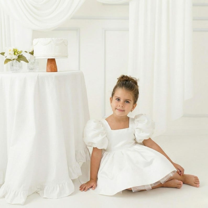 White Satin Ballonn Girl Dress - Mikado Baby Girl Dress for Special Occasion