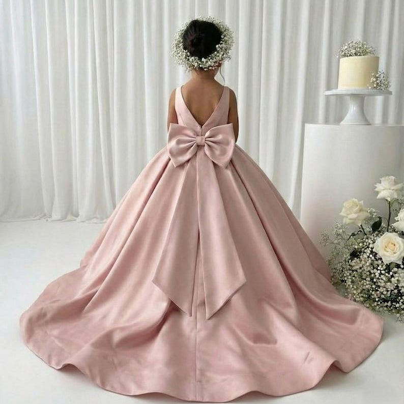 Blush Pink Long Girl Dress - Mikado Baby Girl Dress for Special Occasion