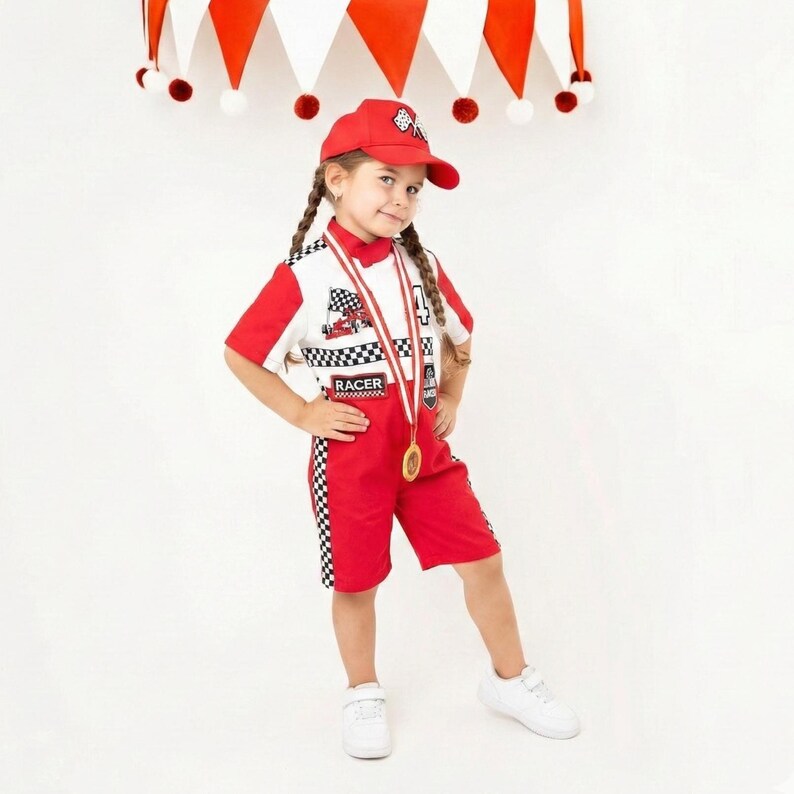 Kids Race Car Costume - Red White Short Racing Jumpsuit Baby Girl Dress for Special Occasion