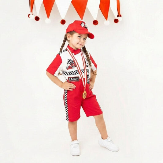Kids Race Car Costume - Red White Short Racing Jumpsuit