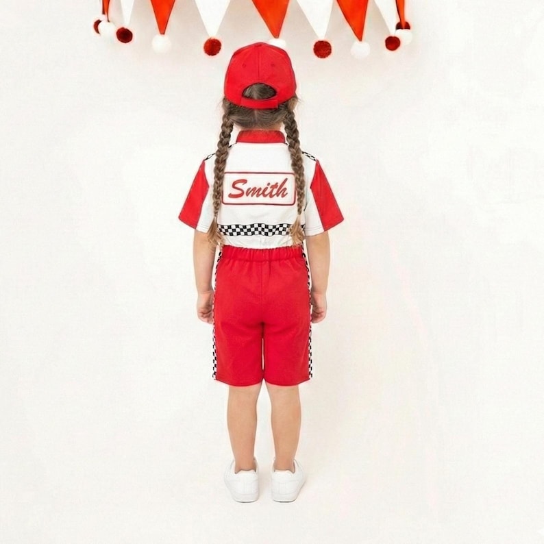 Kids Race Car Costume - Red White Short Racing Jumpsuit Baby Girl Dress for Special Occasion
