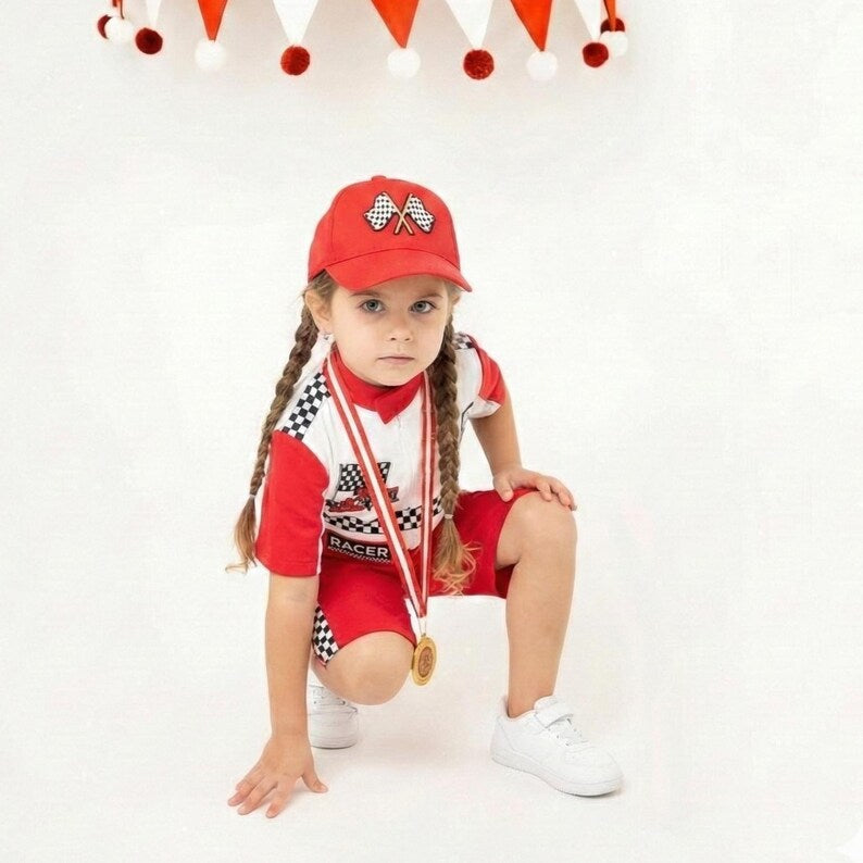 Kids Race Car Costume - Red White Short Racing Jumpsuit Baby Girl Dress