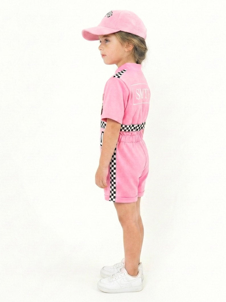 Kids Race Car Costume - Pink Short Racing Jumpsuit Baby Girl Dress for Special Occasion
