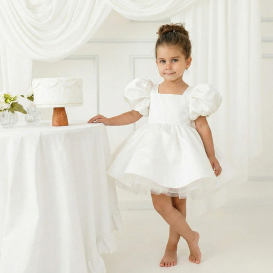 White Satin Ballonn Girl Dress - Mikado