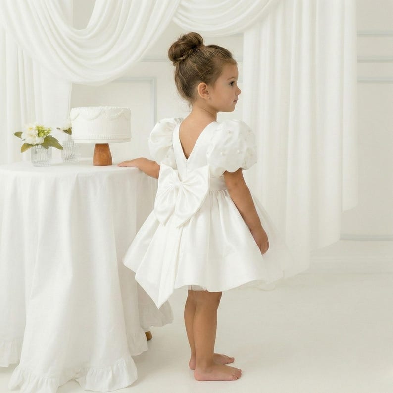 White Satin Ballonn Girl Dress - Mikado Baby Girl Dress for Special Occasion