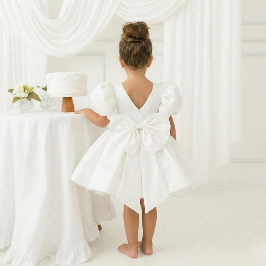 White Satin Ballonn Girl Dress - Mikado