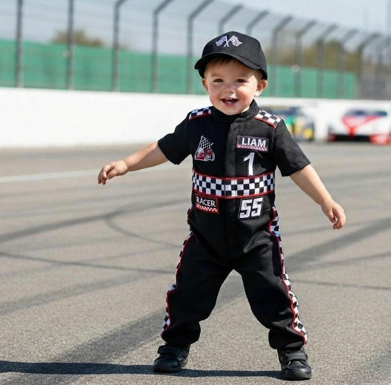 Kids Race Car Costume - Black Short Sleeve Racing Jumpsuit Baby Girl Dress for Special Occasion