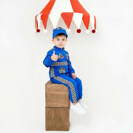 Kids Race Car Costume - Dark Blue Long Sleeve Racing Jumpsuit Baby Girl Dress