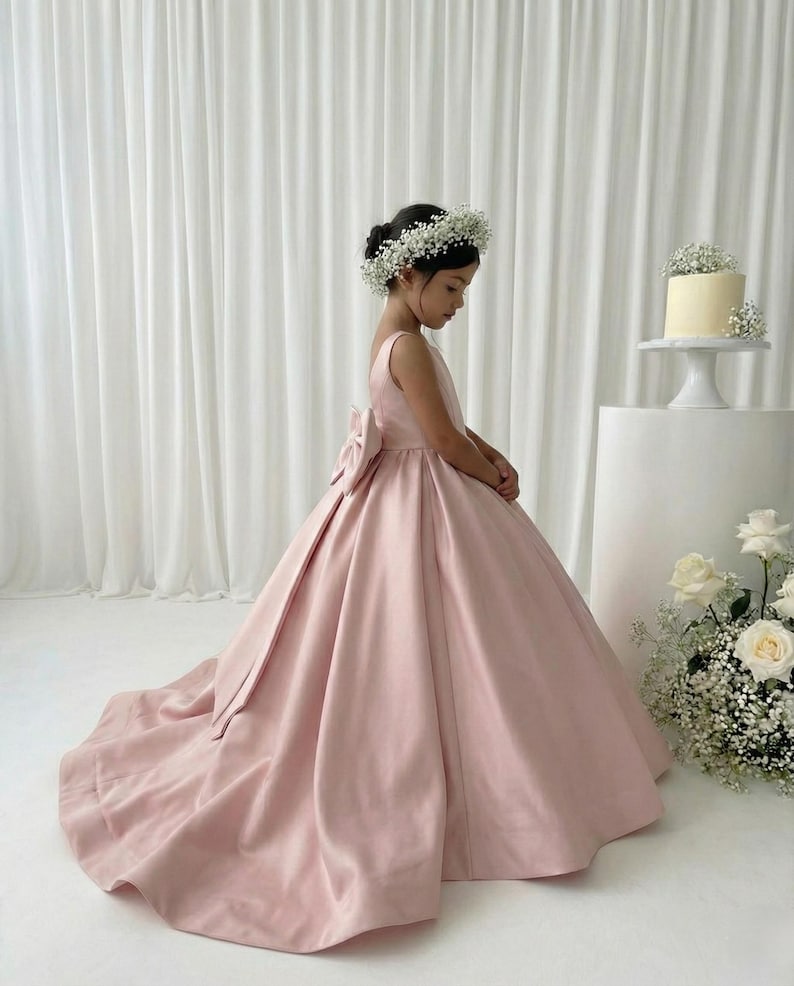 Blush Pink Long Girl Dress - Mikado Baby Girl Dress for Special Occasion