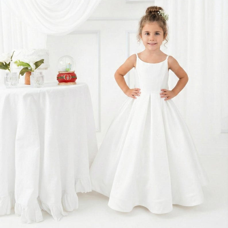 White Long Girl  Baxkless Dress - Mikado Baby Girl Dress