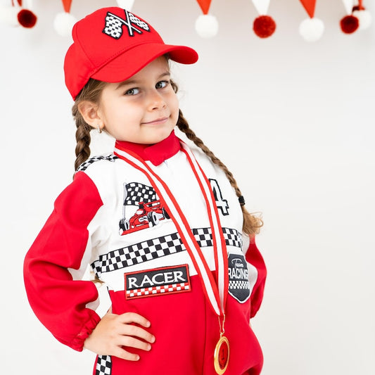 Kids Race Car Costume - Red - White Long Sleeve Racing Jumpsuit Baby Girl Dress