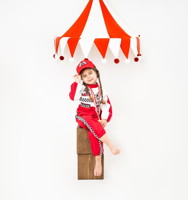 Kids Race Car Costume - Red - White Long Sleeve Racing Jumpsuit Baby Girl Dress