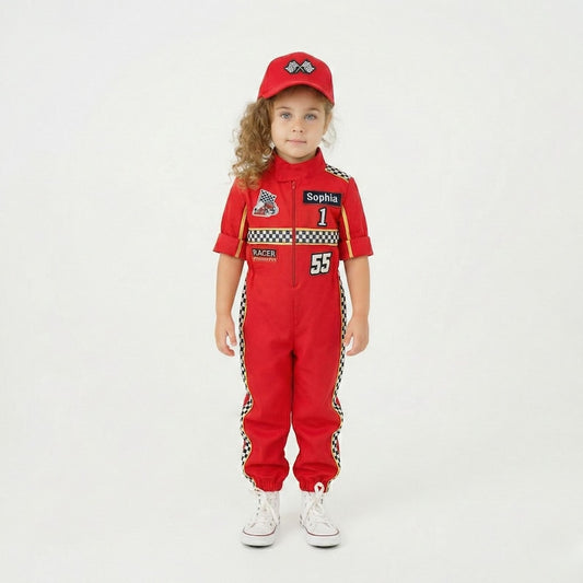 Kids Race Car Costume - Red Short Sleeve Racing Jumpsuit Baby Girl Dress