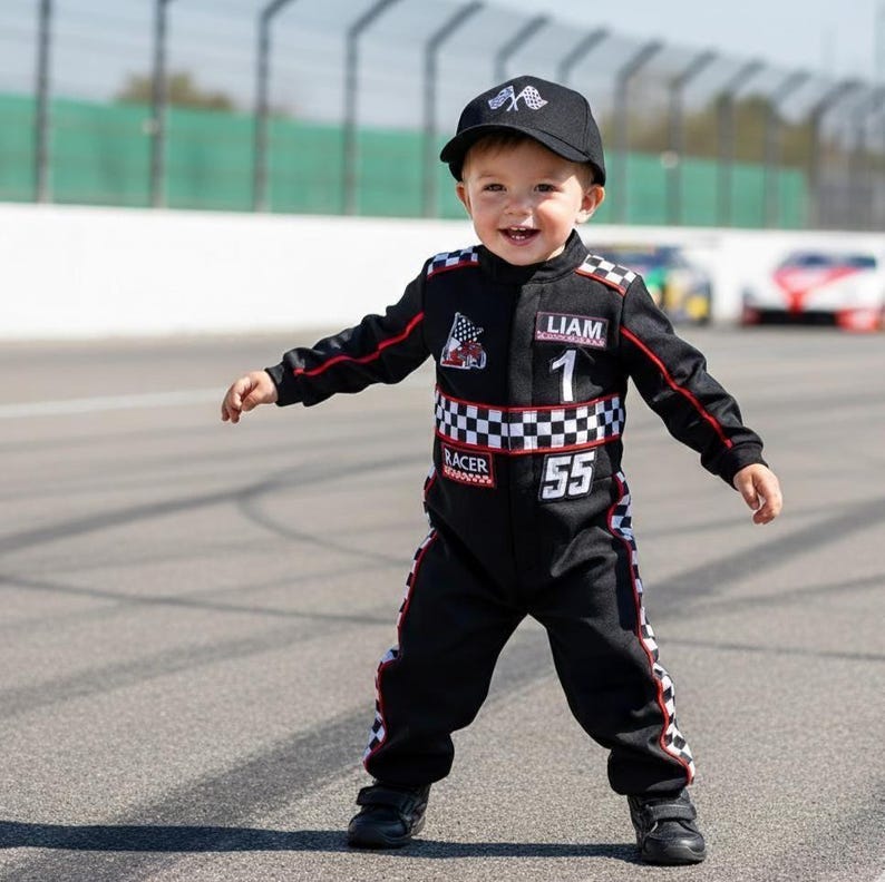 Kids Race Car Costume - Black Long Sleeve Racing Jumpsuit Baby Girl Dress