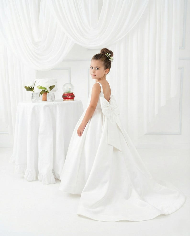 White Long Girl  Baxkless Dress - Mikado Baby Girl Dress for Special Occasion