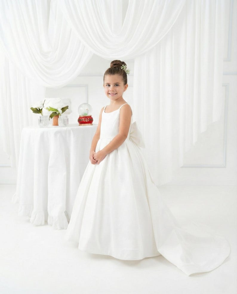 White Long Girl  Baxkless Dress - Mikado Baby Girl Dress for Special Occasion