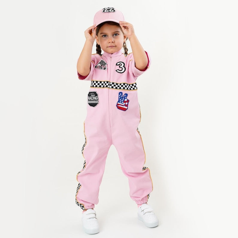 Kids Race Car Costume - Pink Short Sleeve Racing Jumpsuit Baby Girl Dress