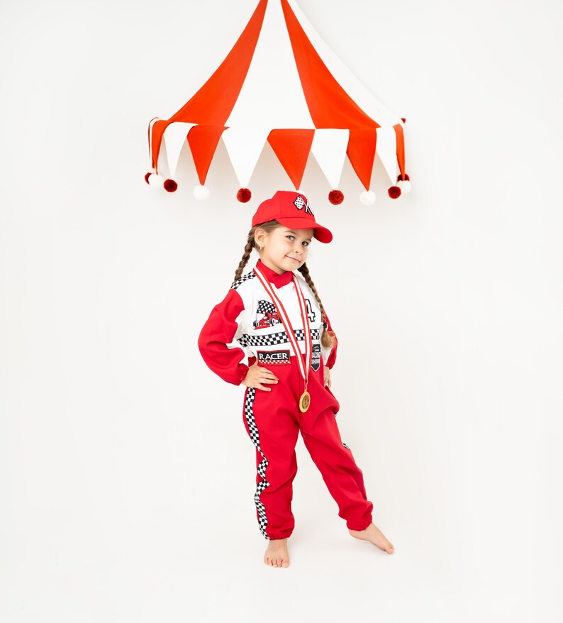 Kids Race Car Costume - Red - White Long Sleeve Racing Jumpsuit Baby Girl Dress for Special Occasion