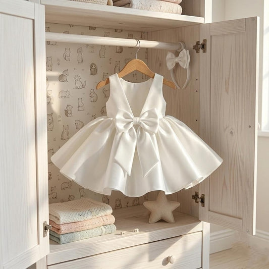 White Satin Mini Girl Dress - Mikado