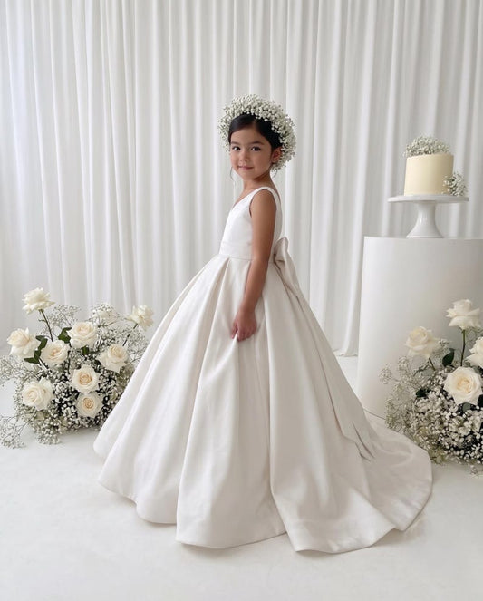 White long flower girl satin dress with tail