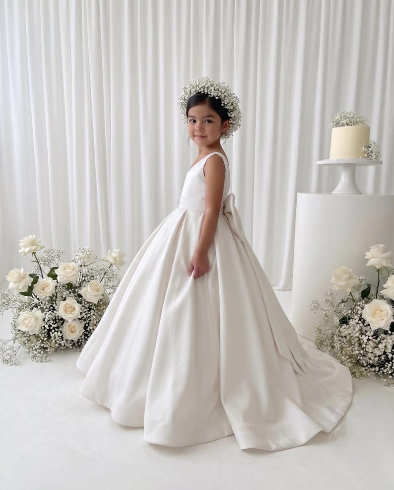 White Long Girl Dress - Mikado Baby Girl Dress for Special Occasion