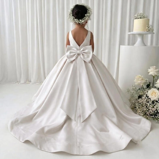 White long flower girl satin dress with tail