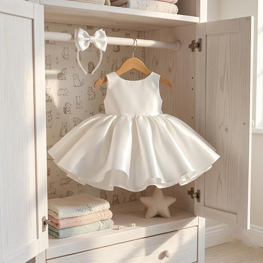 White Satin Mini Girl Dress - Mikado