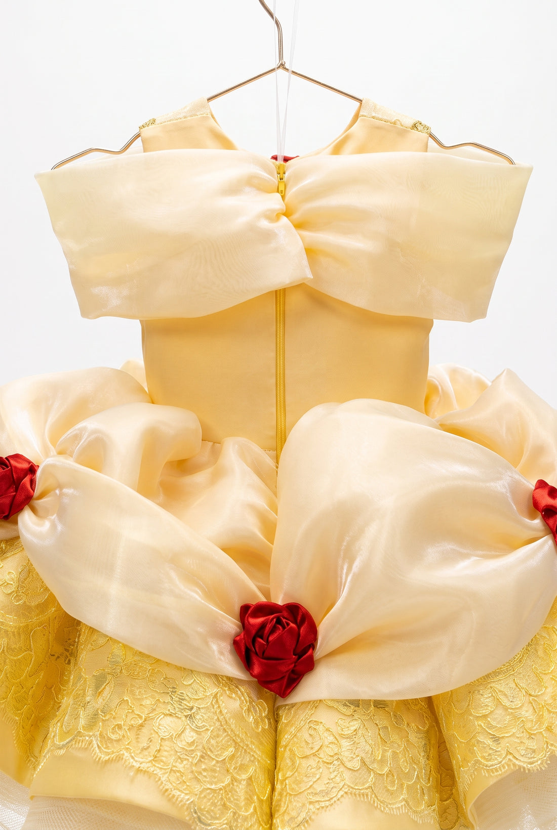 Yellow Princess Dress for Girls, Gold Satin Ball Gown with Red Roses, Lace Bodice & Matching Hair Bow