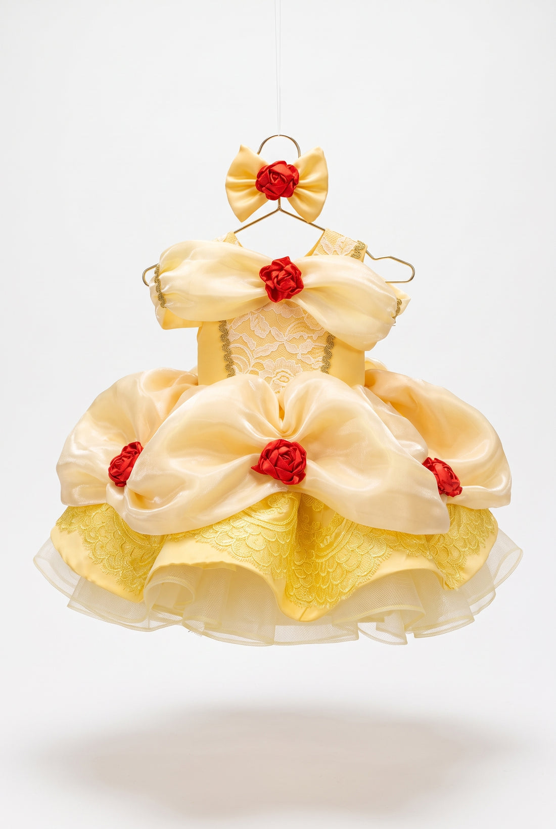 Yellow Princess Dress for Girls, Gold Satin Ball Gown with Red Roses, Lace Bodice & Matching Hair Bow