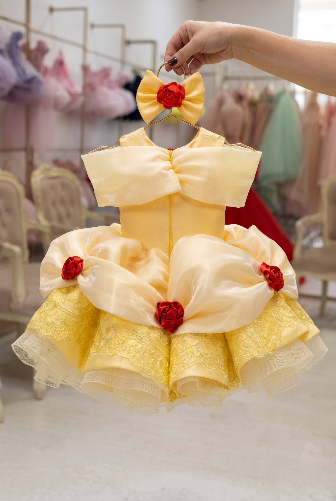 Yellow Princess Dress for Girls, Gold Satin Ball Gown with Red Roses, Lace Bodice & Matching Hair Bow