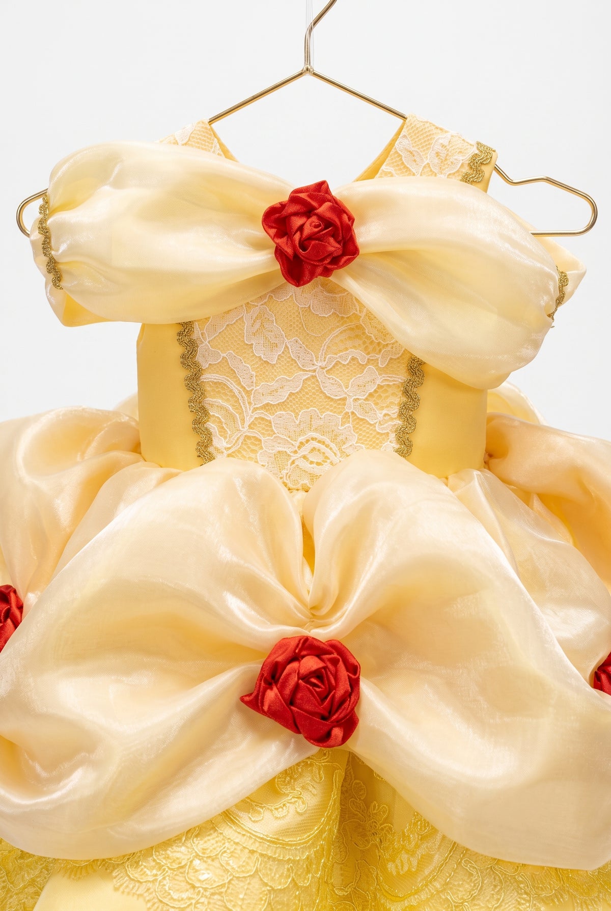 Yellow Princess Dress for Girls, Gold Satin Ball Gown with Red Roses, Lace Bodice & Matching Hair Bow