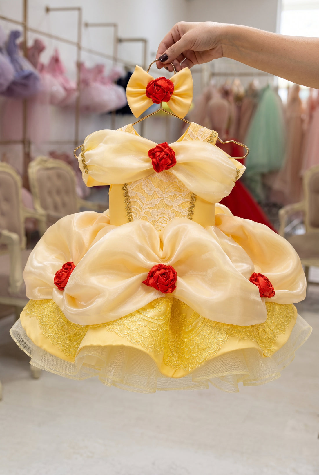 Yellow Princess Dress for Girls, Gold Satin Ball Gown with Red Roses, Lace Bodice & Matching Hair Bow