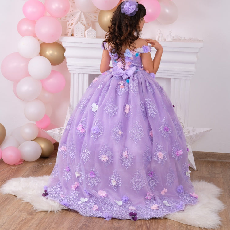 3d flower girl dress sweet 16 Quinceanera gown lilac colorful flowers, birthday girl gown glittery, very puffy lilac dress, teen lilac gown
