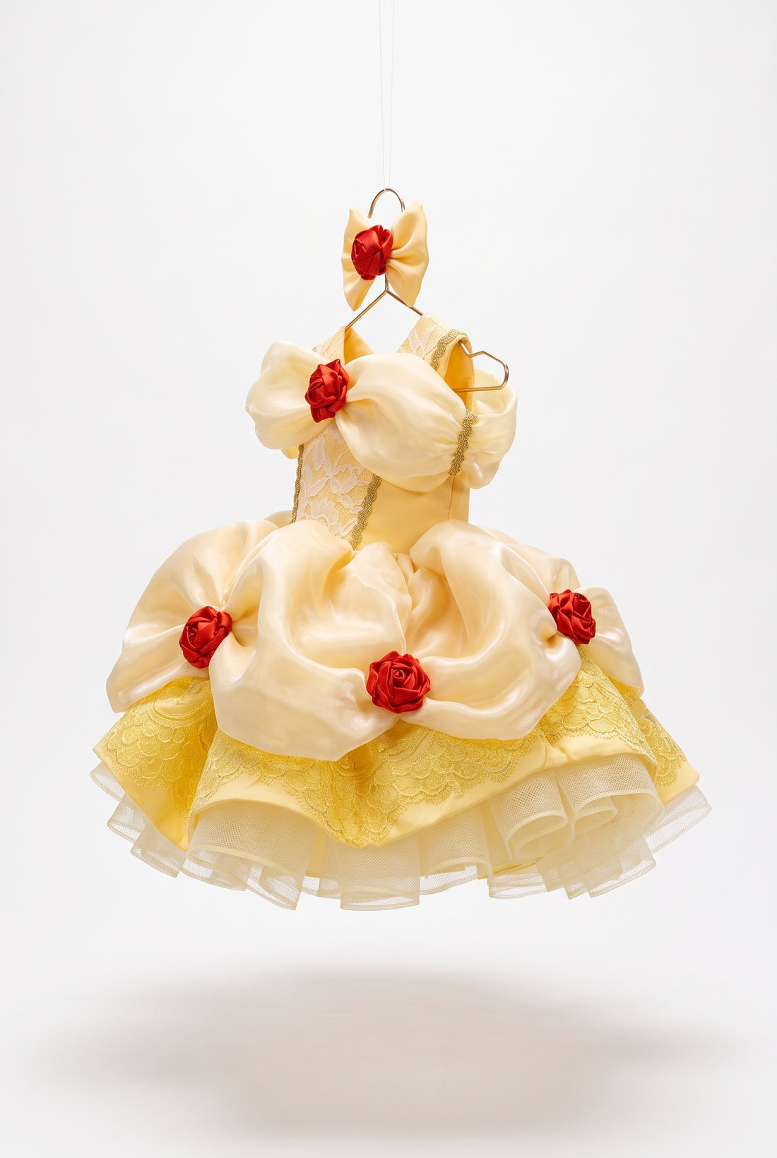 Yellow Princess Dress for Girls, Gold Satin Ball Gown with Red Roses, Lace Bodice & Matching Hair Bow