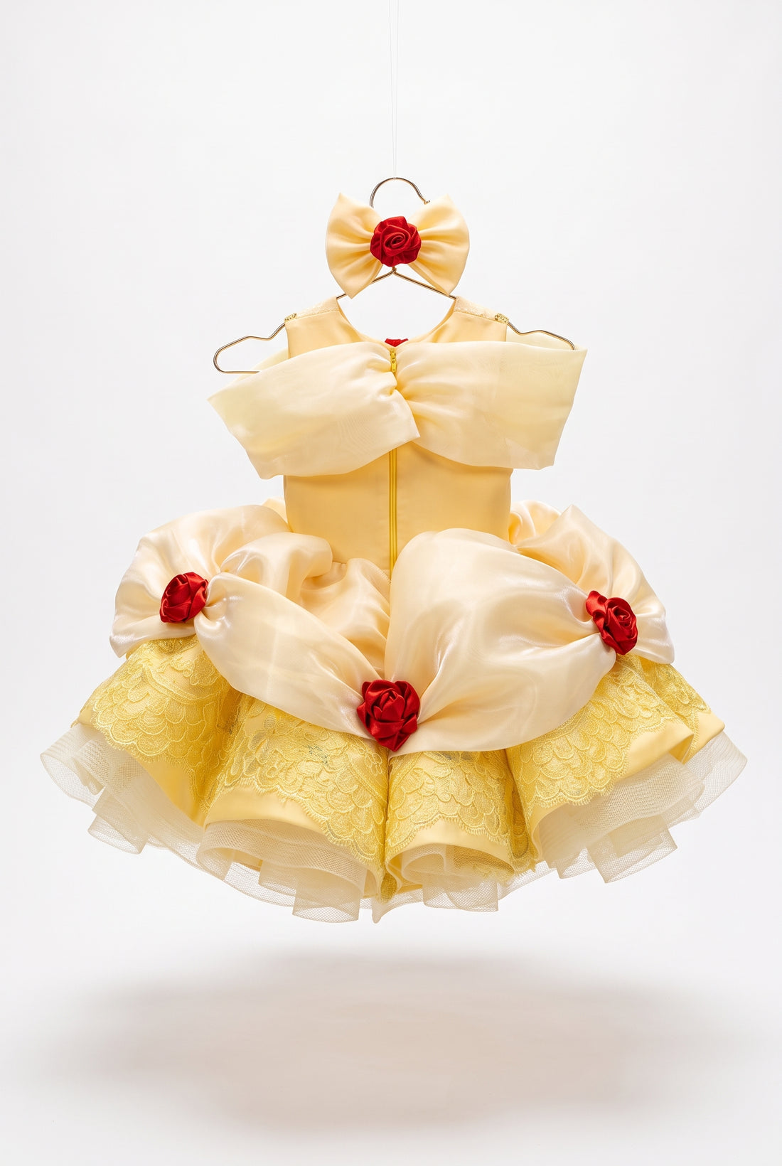 Yellow Princess Dress for Girls, Gold Satin Ball Gown with Red Roses, Lace Bodice & Matching Hair Bow