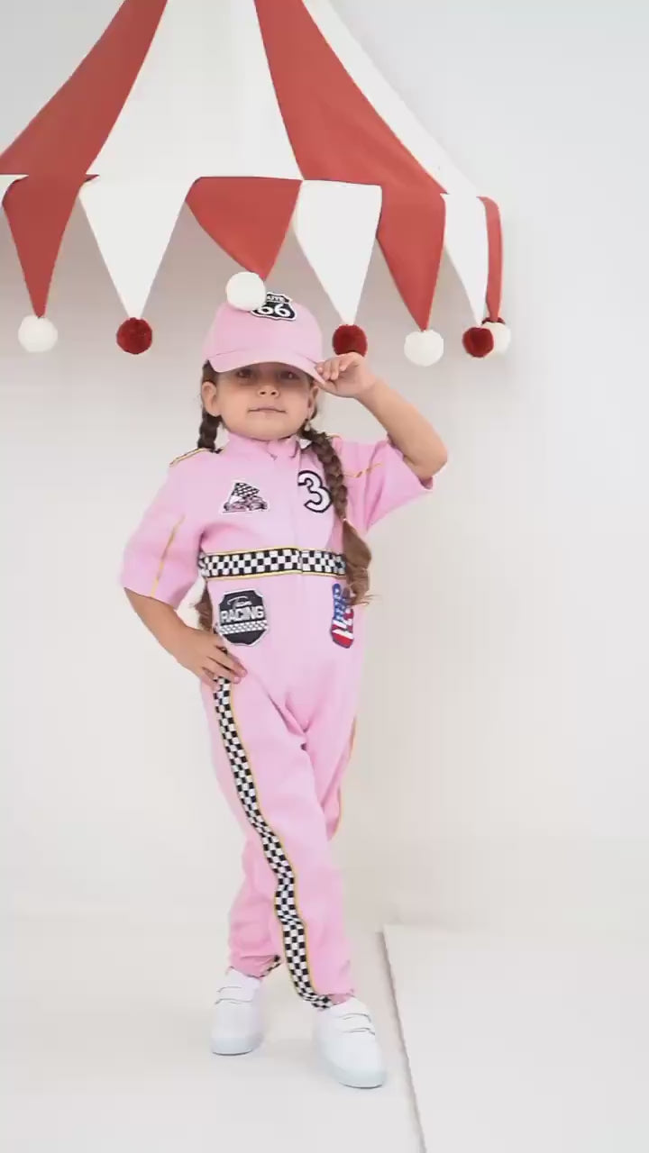 Kids Race Car Costume - Pink Short Sleeve Racing Jumpsuit Baby Girl Dress