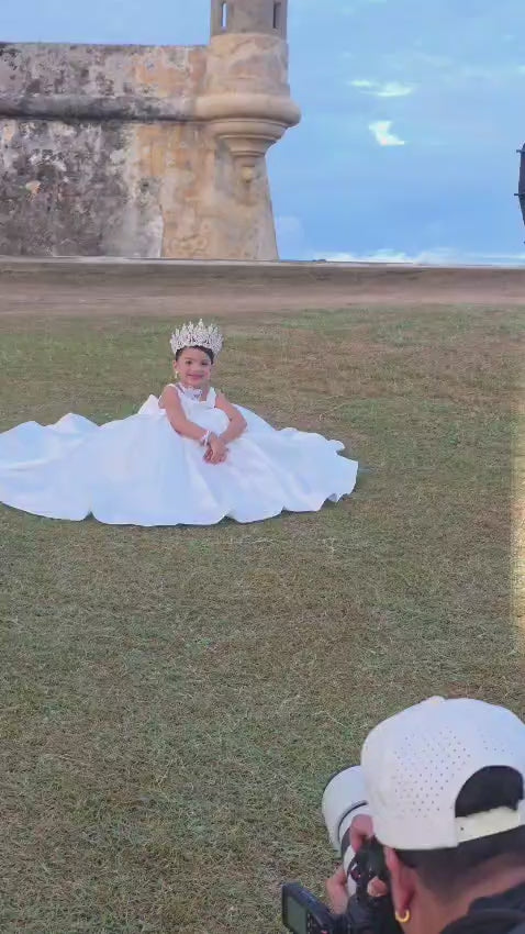 Ivory flower girl satin dress with tail