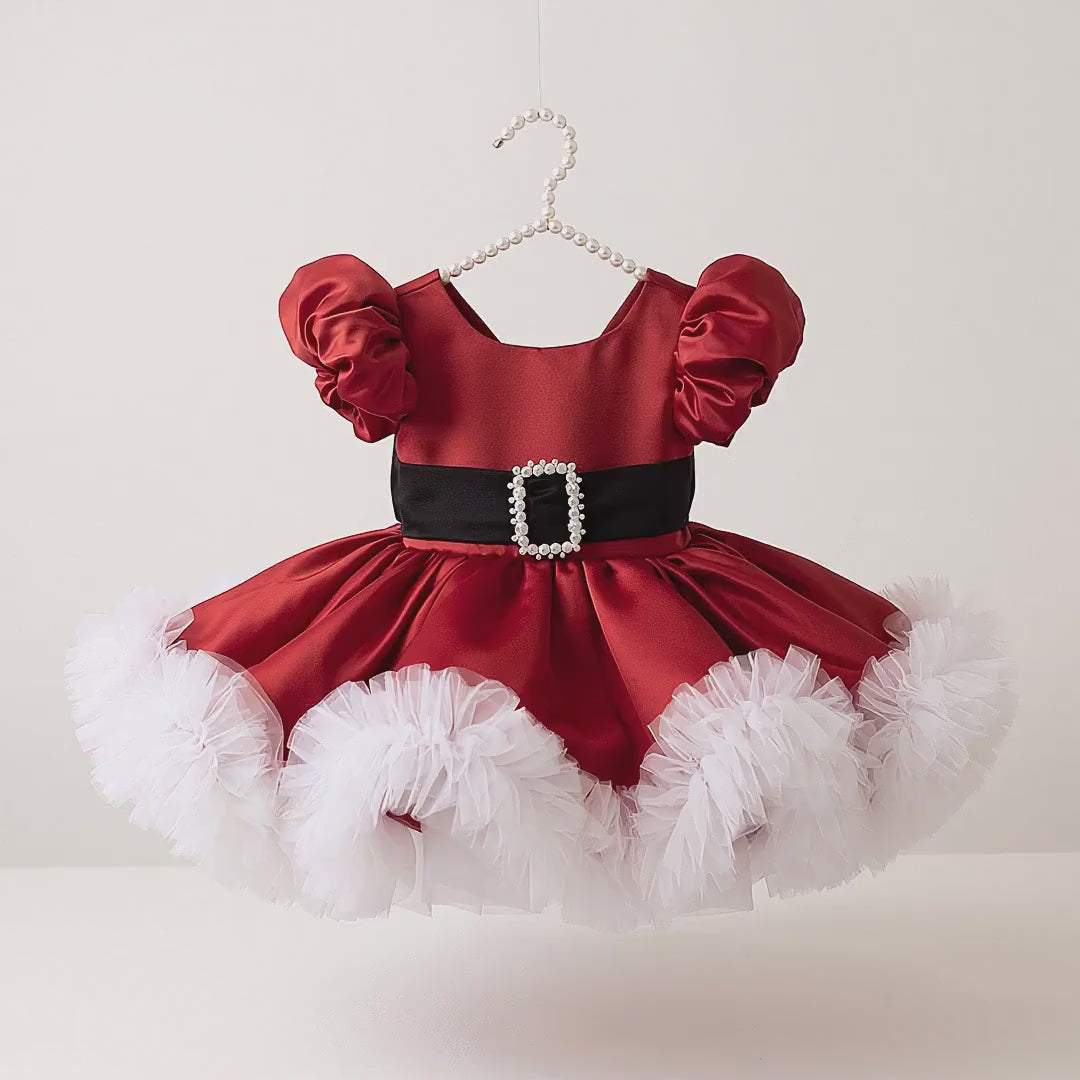 Santa Christmas Dress for Girls, Burgundy Satin Puffy Dress with Big Black Bow & Pearl Buckle Belt, White Tulle Trim