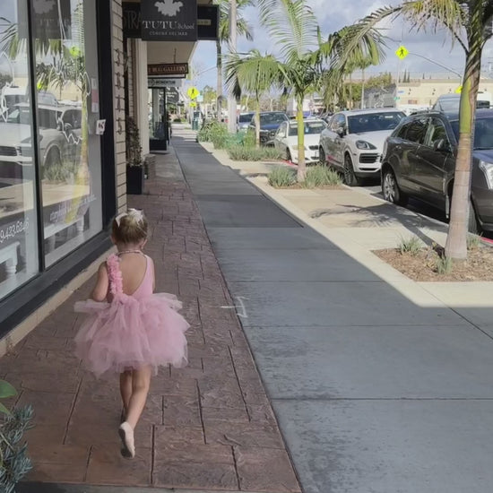 Elegant blush ballerina tutu adorned with delicate flower details, ideal for performances and special events.