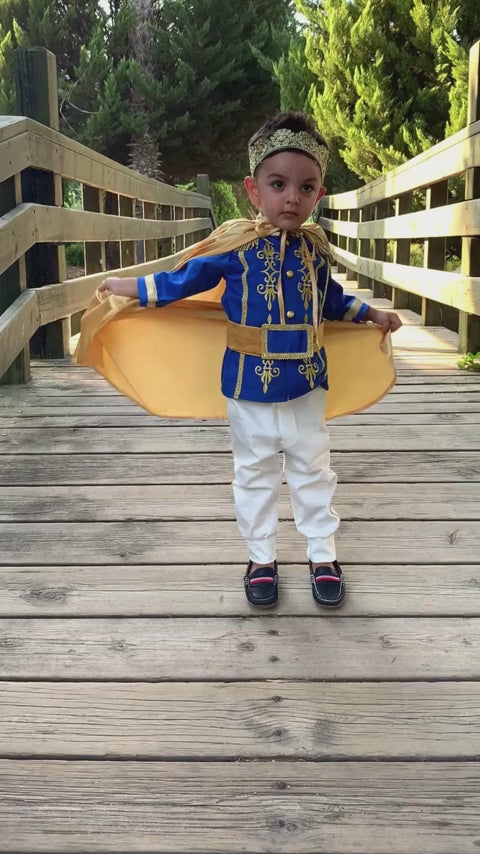 Prince Charming blue costume for boys, featuring a regal blue jacket with gold trim and matching pants. Ideal for costume parties or dress-up play, this outfit captures the classic fairytale look with elegant details.