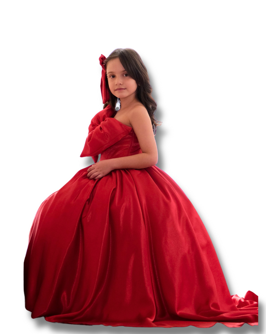 Red One Shoulder Satin Dress, Fluffy Red Ribbon Tulle Dress, Red Christmas Gown, Birthday Long Gown For Toddler, Sparkle Dress For Christmas