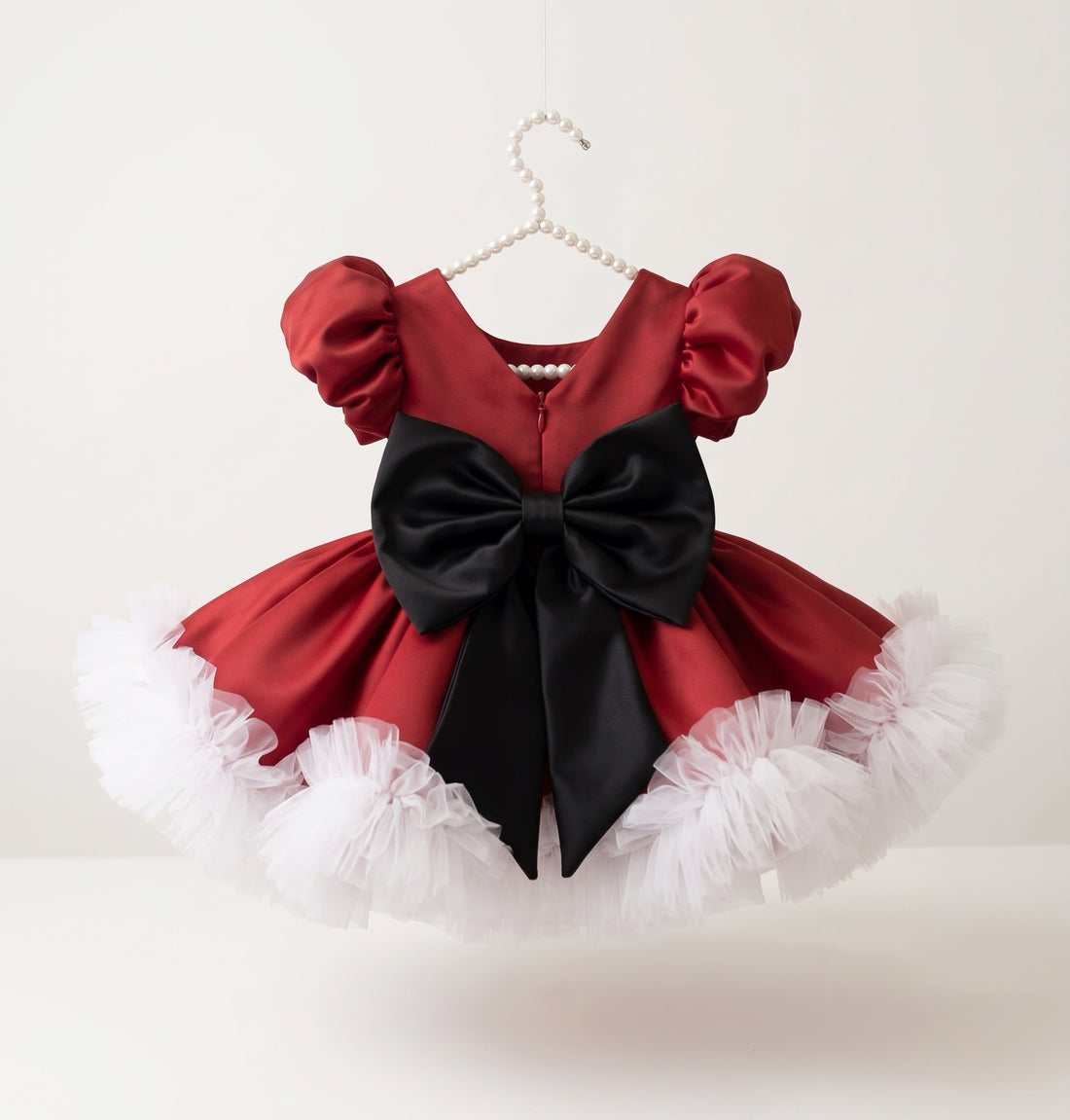 Santa Christmas Dress for Girls, Burgundy Satin Puffy Dress with Big Black Bow & Pearl Buckle Belt, White Tulle Trim