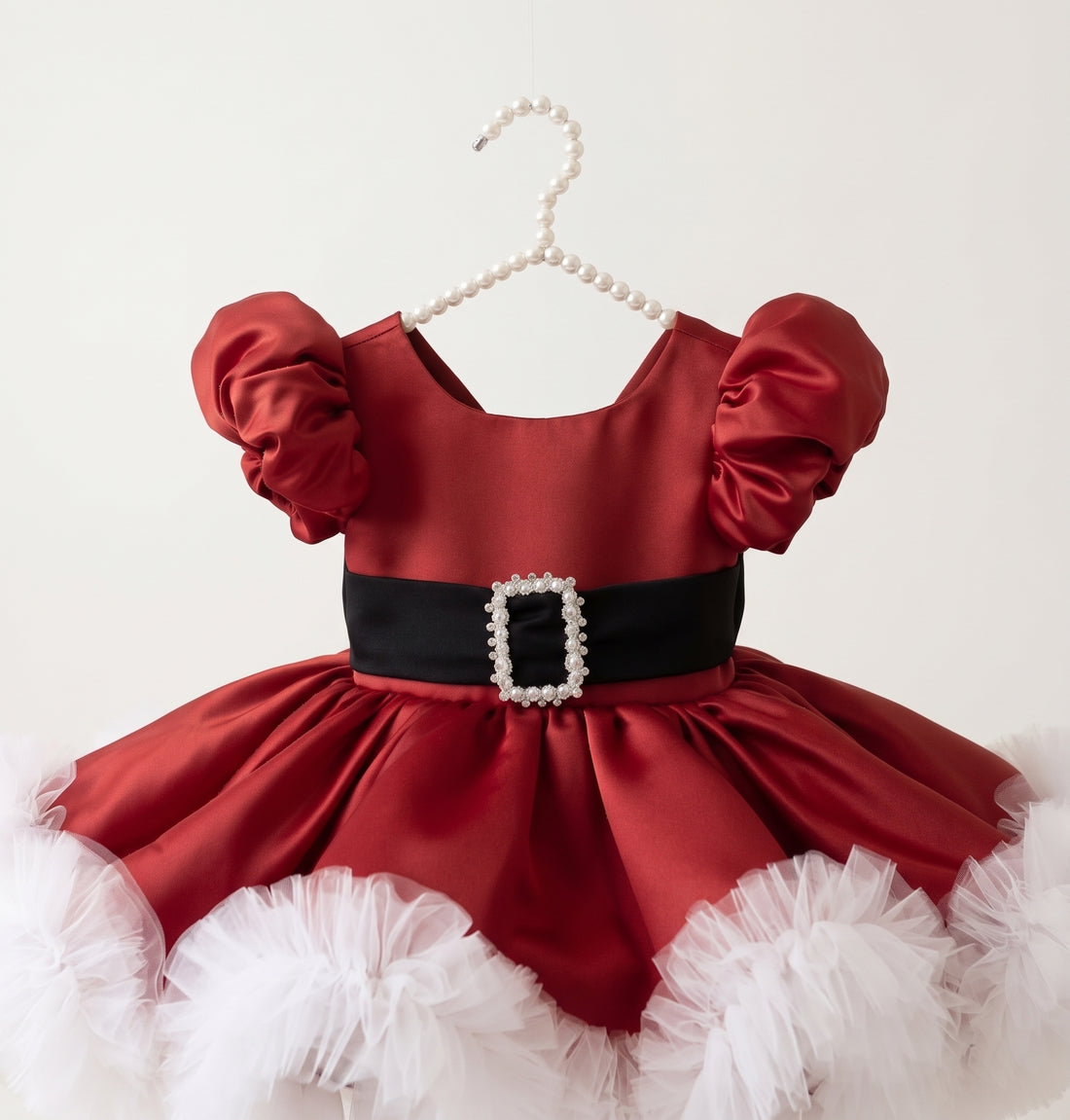 Santa Christmas Dress for Girls, Burgundy Satin Puffy Dress with Big Black Bow & Pearl Buckle Belt, White Tulle Trim