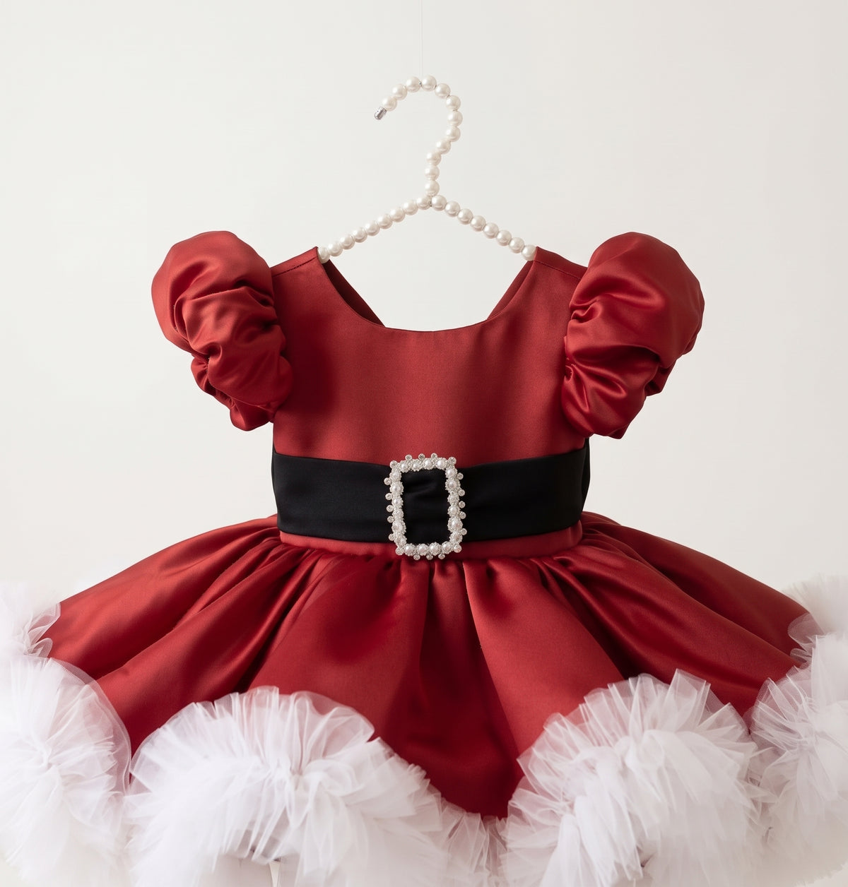 Santa Christmas Dress for Girls, Burgundy Satin Puffy Dress with Big Black Bow & Pearl Buckle Belt, White Tulle Trim