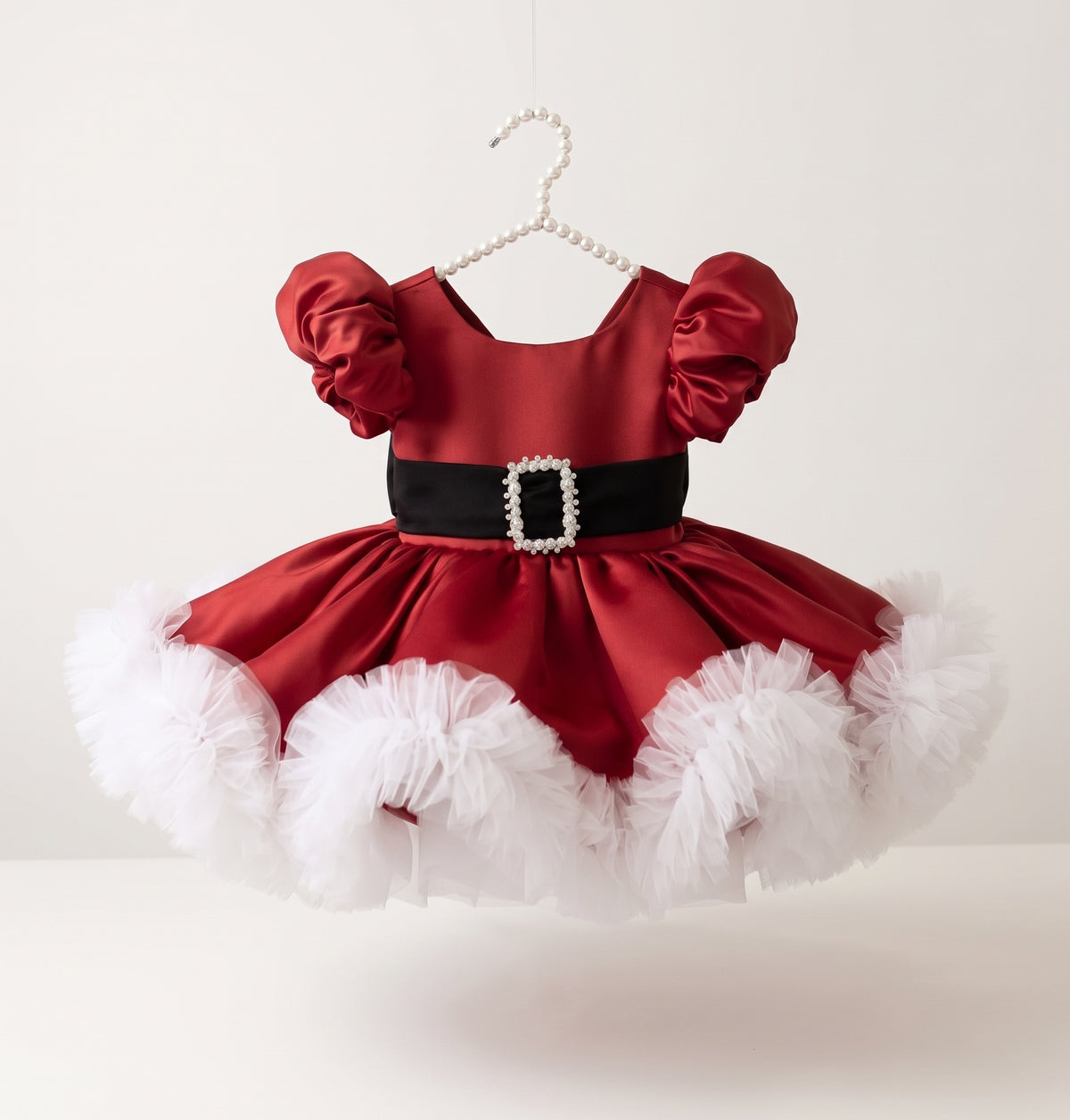 Santa Christmas Dress for Girls, Burgundy Satin Puffy Dress with Big Black Bow & Pearl Buckle Belt, White Tulle Trim