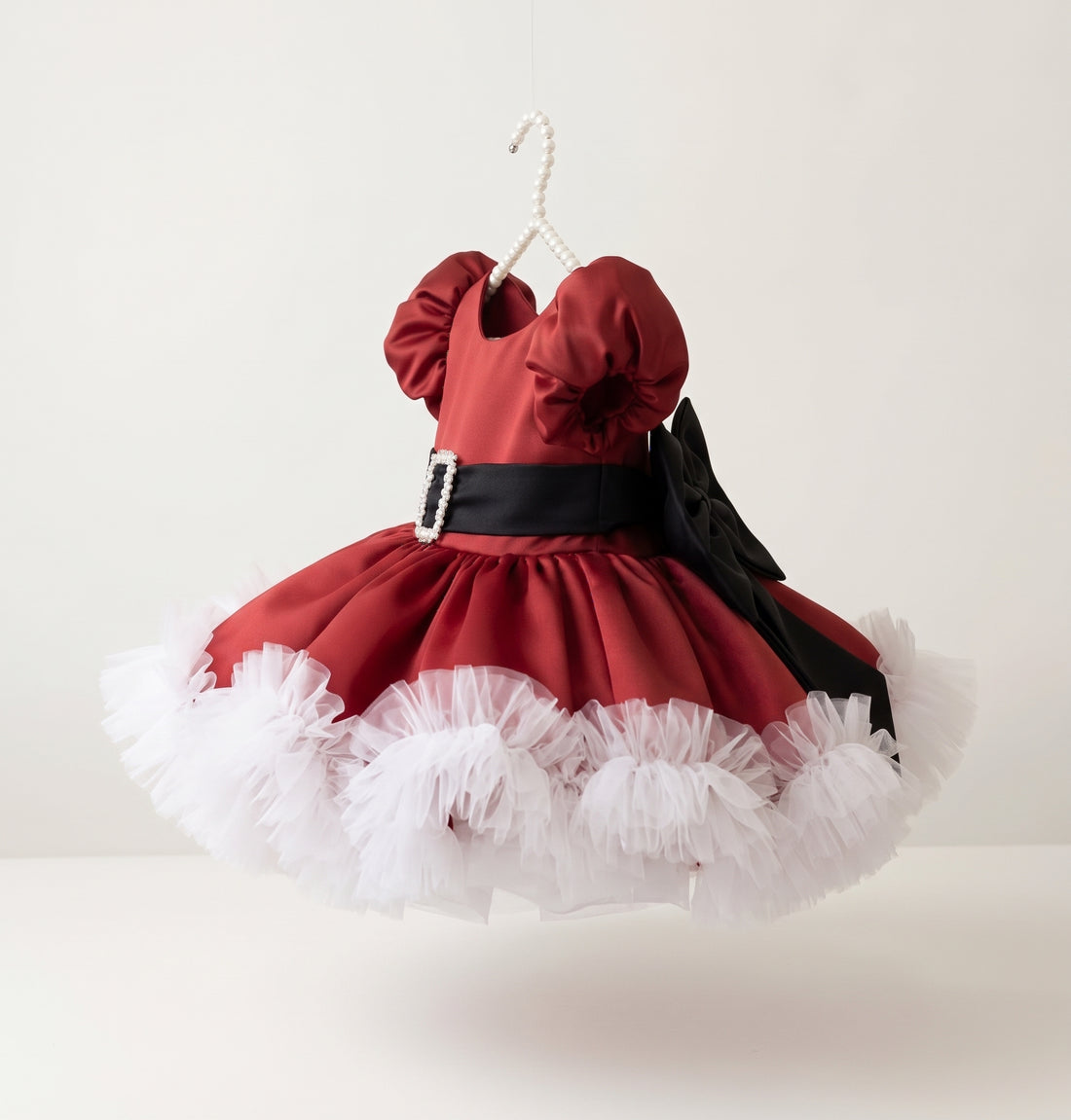 Santa Christmas Dress for Girls, Burgundy Satin Puffy Dress with Big Black Bow & Pearl Buckle Belt, White Tulle Trim