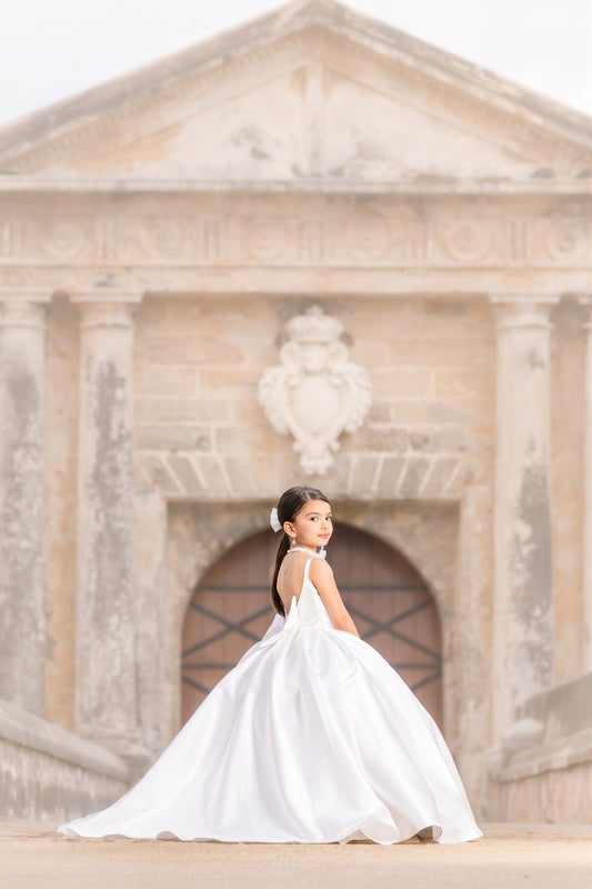 Ivory flower girl satin dress with tail