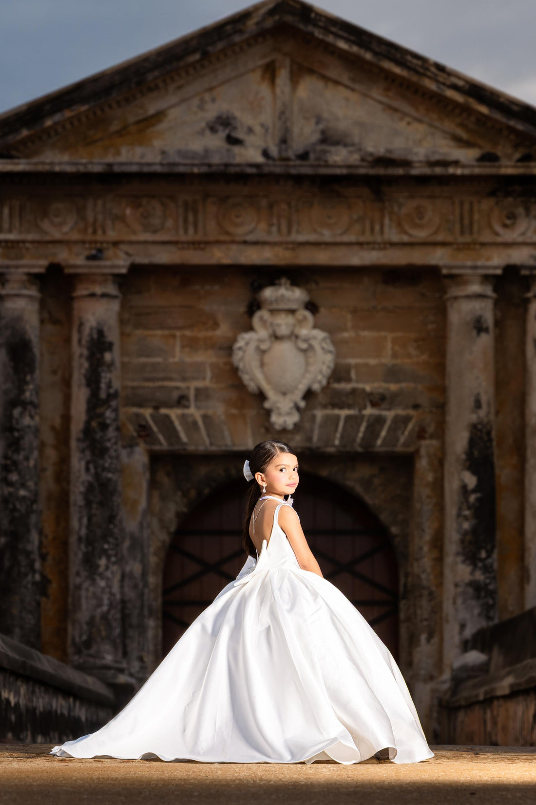 White Satin Flower Girl Dress with Bow Train — First Communion Ball Gown Baby Girl Dress for Special Occasion
