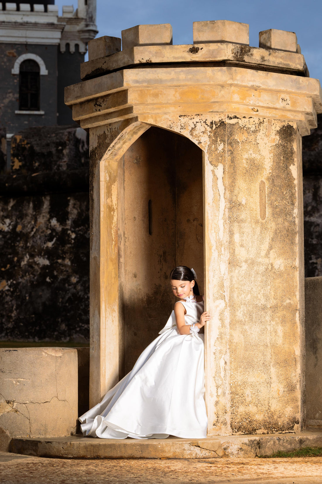 White Satin Flower Girl Dress with Bow Train — First Communion Ball Gown Baby Girl Dress for Special Occasion
