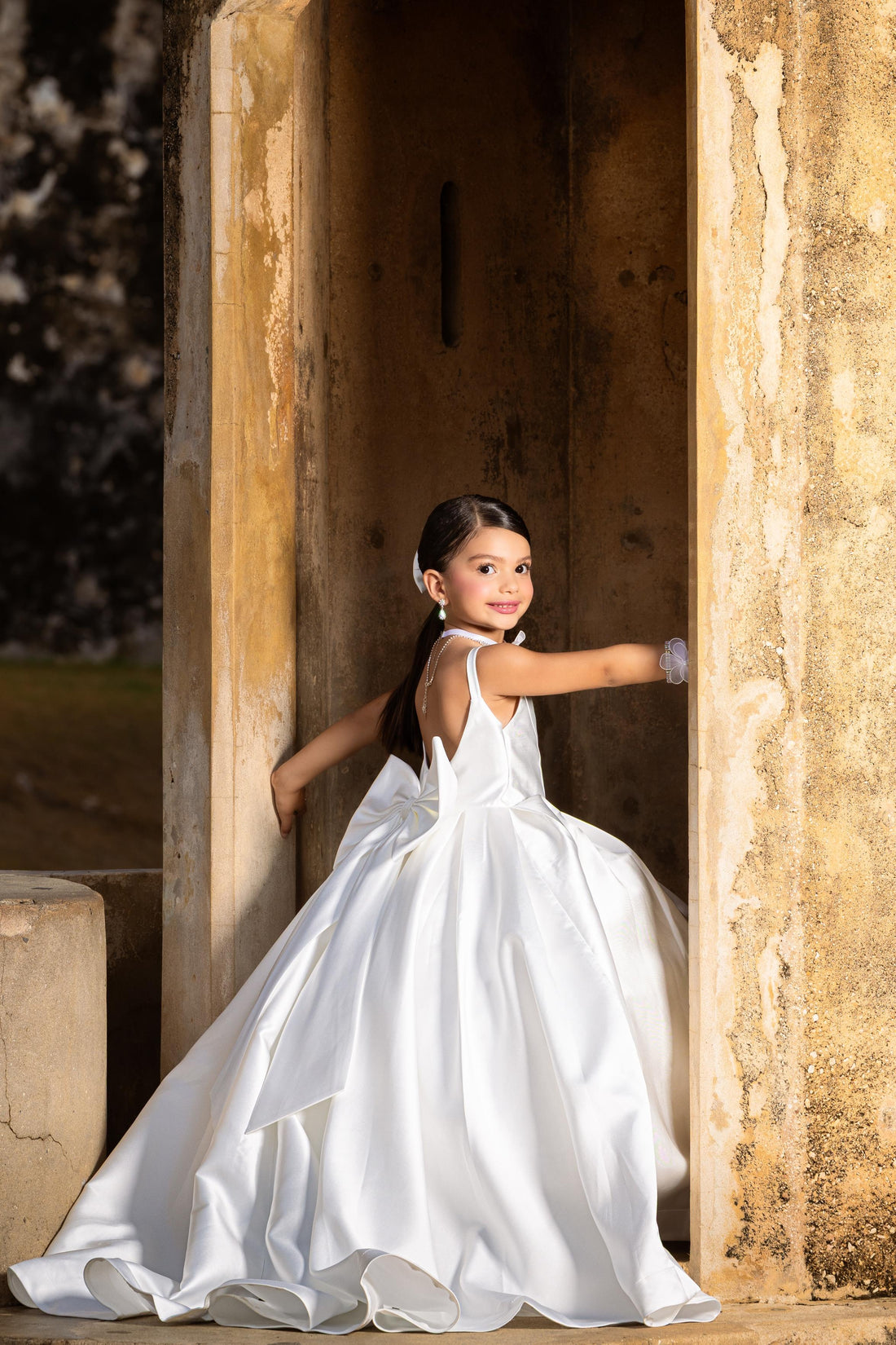 White satin flower girl dress with bow back and train Baby Girl Dress for Special Occasion